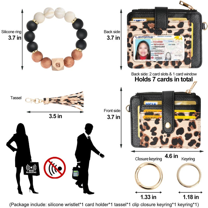 COOLANS Wristlet Bracelet Keychain Card Holder Card Pocket PU Leather Purse Tassel Keychain Bangle Key Ring for Women Girls (Silicone Bead Bracelet+Card Purse (Black Leopard)) - Image 2